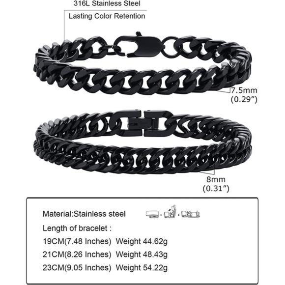 2Pcs Cuban Link Chain Bracelet Set Sturdy Stainless Steel Curb Width Cuban Link - Picture 3 of 6